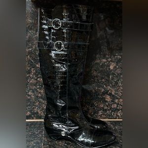 Velvet Angels Assassin black Crocodile Embossed Leather Boots, Size 38.5